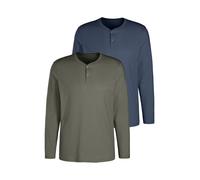 Langarmshirt H.I.S "- Henleyshirt langarm", Herren, Gr. XL (56/58), grün (khaki, blau), Slub, Obermaterial: 100% Baumwolle, unifarben, regular fit normal, Rundhals, abgesteppte Kante, Shirts Langarmsh