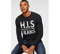 Langarmshirt H.I.S, Herren, Gr. L (52/54), schwarz, Single Jersey, Obermaterial: 100% Baumwolle, bedruckt, Basic schmal, Rundhals, gerader Abschluss, Shirts Langarmshirt, Langarm, schmaler Basic-Schni