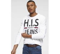 Langarmshirt H.I.S, Herren, Gr. L (52/54), weiß, Single Jersey, Obermaterial: 100% Baumwolle, bedruckt, Basic schmal, Rundhals, gerader Abschluss, Shirts Langarmshirt, Langarm, schmaler Basic-Schnitt,