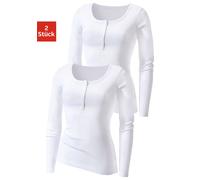 Langarmshirt H.I.S "mit kurzer Knopfleiste", Damen, Gr. 36/38, weiß, Feinripp;Jersey;Rippware, Obermaterial: 100% Baumwolle, unifarben, Basic, körpernah, tiefer Rundhals, Shirts Langarmshirt, feine Ri