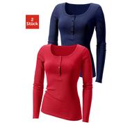 Langarmshirt H.I.S Gr. 40/42, blau (marine, rot) Damen Shirts Jersey mit Knopfleiste vorn aus modischer Rippware (647480-40)