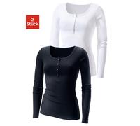 Langarmshirt H.I.S "mit kurzer Knopfleiste", Damen, Gr. 44/46, schwarz-weiß (schwarz, weiß), Feinripp, Obermaterial: 100% Baumwolle, unifarben, Basic, körpernah, tiefer Rundhals, Shirts Langarmshirt, 