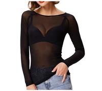 Langarmshirt hautfarben Damen, Transparentes Netzoberteil Sexy Schwarz Mesh Shirt Durchsichtig Langarmshirt Damen Langen Ärmeln Sheer Bluse Tüll Casual Clubwear Party Tops (Black, M)