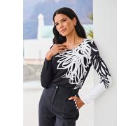 Langarmshirt HEINE "Druck-Shirt", Damen, Gr. 42, schwarz, ecru, bedruckt, 95% Polyester, 5% Elasthan, bedruckt, geblümt, gemustert, mehrfarbig, Rundhals, Shirts Langarmshirt (31996342-42) schwarz, ecr