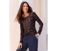 Langarmshirt HEINE "Druck-Shirt", Damen, Gr. 50, braun (braun, marine, bedruckt), 95% Polyester, 5% Elasthan, bedruckt, gemustert, mehrfarbig, Rundhals, Shirts Langarmshirt (98195565-50) braun, marine