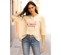 Langarmshirt HEINE "Langarm-Shirt", Damen, Gr. 46, beige (sand), 95% Polyester, 5% Elasthan, gemustert, V-Ausschnitt, Shirts Langarmshirt (20198403-46) sand