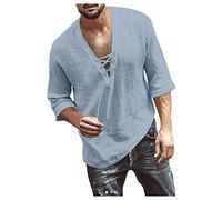 Langarmshirt Herren Hemd Kurzarm Weiß Cordhemd Mittelalter Vintage Baumwolle Leinen Schnürhemd V-Ausschnitt 3/4 Ärmel Basic Henley T-Shirt