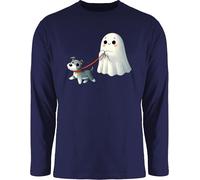 Langarmshirt Herren Langarm Shirt - Süßes Geister Motiv mit Hund | Halloween Hundemotiv - XXL - Navy Blau - t-Shirt lustig Haloween Outfits Geist Oberteil t halowen Longsleeve Helloween hellowee