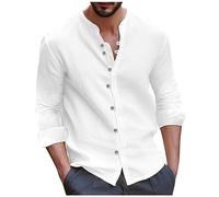 Langarmshirt Herren Schwarz Weiß Gestreiftes Shirt Retro Tshirt Herren Langarm Cotton Leinen Einfarbig Hemd Button Down Henley Strand Freizeithemd Mit Stehkragen Baumwolle Leinenhemden (Weiß, M)