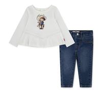 Langarmshirt & Hose LEVI'S KIDS "LVG WESTERN PEPLUM TOP,JEANS", Mädchen, Gr. 12M (80), gardenia, Jersey, Obermaterial: 60% Baumwolle, 40% Polyester, bedruckt, KOB Set-Artikel, süßes Denim-Outfit im We