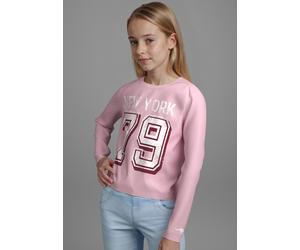 Langarmshirt KANGAROOS "Cropped Shirt mit Zahlenprint", Mädchen, Gr. 128/134, rosa, Jersey, Obermaterial: 100% Baumwolle, bedruckt, Basic kurz, Rundhals, Shirts Langarmshirt, Sportiver Frontprint (578