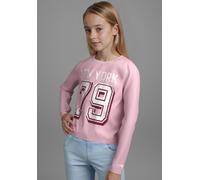 Langarmshirt KANGAROOS "Cropped Shirt mit Zahlenprint", Mädchen, Gr. 176/182, rosa, Jersey, Obermaterial: 100% Baumwolle, bedruckt, Basic kurz, Rundhals, Shirts Langarmshirt, Sportiver Frontprint (578