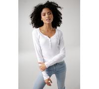 Langarmshirt KANGAROOS, Damen, Gr. 32/34, weiß, Rippware, Obermaterial: 100% Baumwolle, bedruckt, kontrastfarbene Details, unifarben, Basic, figurbetont hüftlang, krempelbar, Shirts Langarmshirt, krem