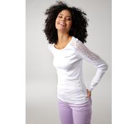 Langarmshirt KANGAROOS, Damen, Gr. 32/34, weiß, Rippware, Obermaterial: 100% Baumwolle. Spitze: 70% Baumwolle, 30% Polyamid, bedruckt, kontrastfarbene Details, unifarben, sehr figurbetont hüftbedecken