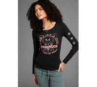 Langarmshirt KANGAROOS, Damen, Gr. 44/46, schwarz (schwarz, bedruckt), Rippware, Obermaterial: 100% Baumwolle, sehr figurbetont hüftbedeckend, Rundhals, Shirts Langarmshirt, Langarm, unifarben mit Far