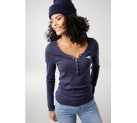 Langarmshirt KANGAROOS, Damen, Gr. 48/50, blau (marine), Rippware, Obermaterial: 100% Baumwolle, bedruckt, kontrastfarbene Details, unifarben, Basic, figurbetont hüftlang, krempelbar, Shirts Langarmsh
