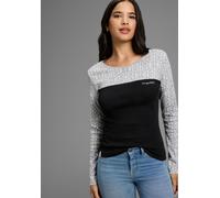 Langarmshirt KANGAROOS, Damen, Gr. 48/50, grau (grau, schwarz), Rippware, Obermaterial: 90% Baumwolle, 10% Viskose, gemustert, figurbetont hüftbedeckend, Rundhals, Shirts Langarmshirt, mit Print (5381