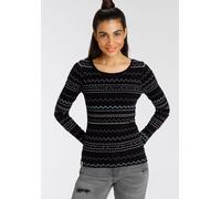 Langarmshirt KANGAROOS, Damen, Gr. 48/50, schwarz, Rippware, Obermaterial: 100% Baumwolle, bedruckt, gemustert, sehr figurbetont hüftbedeckend, Rundhals, Shirts Langarmshirt, sehr figurbetonte Passfor