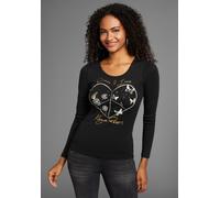 Langarmshirt KANGAROOS, Damen, Gr. 48/50, schwarz, Rippware, Obermaterial: 100% Baumwolle, körpernah hüftbedeckend, Rundhals, Shirts Langarmshirt, mit Herz-Print (18845762-48) schwarz