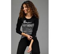 Langarmshirt KANGAROOS, Damen, Gr. 48/50, schwarz-weiß (schwarz, weiß), Jersey, Obermaterial: 100% Baumwolle, Basic schmal hüftlang, Rundhals, eng abgesteppte Kante, Shirts Langarmshirt, mit Rundhalsa