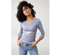 Langarmshirt KANGAROOS, Damen, Gr. 52/54, blau (blau, meliert), Rippware, Obermaterial: 60% Baumwolle, 40% Polyester, bedruckt, kontrastfarbene Details, sehr figurbetont hüftbedeckend, Rundhals, Shirt