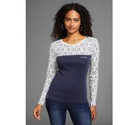 Langarmshirt KANGAROOS, Damen, Gr. 52/54, blau (dunkelblau, weiß), Rippware, Obermaterial: 100% Baumwolle, figurbetont hüftbedeckend, Rundhals, Shirts Langarmshirt, mit Print (48999326-52) dunkelblau,