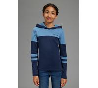 Langarmshirt KANGAROOS "KangaROOS Kapuzenshirt in colorblocking Design", Mädchen, Gr. 140/146, blau (marine), Rippware, Obermaterial: 100% Baumwolle, eng hüftlang, Shirts Langarmshirt, Colorblocking S