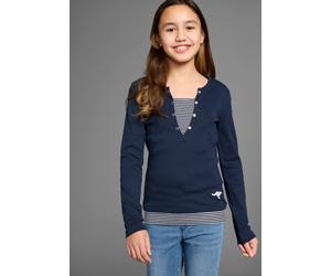 Langarmshirt KANGAROOS "Ripp-Shirt in Lagenoptik", Mädchen, Gr. 128/134, blau (marine), Feinripp, Obermaterial: 100% Baumwolle, geringelt, eng hüftlang, V-Ausschnitt, Shirts Langarmshirt, modische Aus