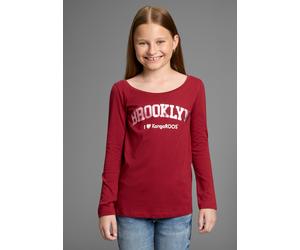 Langarmshirt KANGAROOS "Shirt mit BROOKLYN Print", Mädchen, Gr. 164/170, rot (bordeaux), Jersey, Obermaterial: 100% Baumwolle, bedruckt, Basic hüftlang, tiefer Rundhals, Shirts Langarmshirt, Trendiger