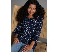 Langarmshirt KANGAROOS "Viskoseshirt mit 3/4 Arm", Mädchen, Gr. 176/182, blau (marine), Jersey, Obermaterial: 95% Viskose, 5% Elasthan, gepunktet, weit hüftlang, Rundhals, mit Gummizug, Shirts Langarm