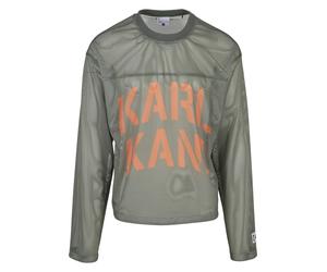 Langarmshirt KARL KANI "Karl Kani Stencil Mesh Boxy Longsleeve", Herren, Gr. XL, grün (light olive), 100% Polyester, bedruckt, normal, Rundhals, Shirts Langarmshirt (16109737-XL) light olive