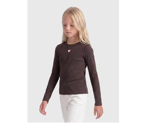 Langarmshirt KIDS ONLY "KOGELVA JUNE EMB L/S TEE JRS", Mädchen, Gr. 122/128, braun (coffee bean detail:heart, pink lady, emb), Jersey, Obermaterial: 65% Polyester, 30% Viskose, 5% Elasthan, bedruckt, 