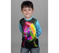 Langarmshirt KIDSWORLD "Dino-Shirt", Jungen, Gr. 104/110, blau (türkis), Single Jersey, Obermaterial: 100% Baumwolle. Obermaterial Vorderteil: 100% Polyester, bedruckt, Basic hüftlang, Rundhals, Rippb