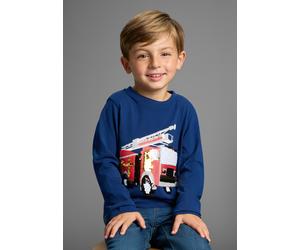 Langarmshirt KIDSWORLD "Feuerwehr Pailletten Shirt", Jungen, Gr. 104/110, blau, Single Jersey, Obermaterial: 100% Baumwolle, bedruckt, Basic hüftlang, Rundhals, Shirts Langarmshirt, Shirt mit Feuerweh