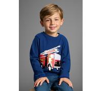 Langarmshirt KIDSWORLD "Feuerwehr Pailletten Shirt", Jungen, Gr. 128/134, blau, Single Jersey, Obermaterial: 100% Baumwolle, bedruckt, Basic hüftlang, Rundhals, Shirts Langarmshirt, Feuerwehr Druck mi