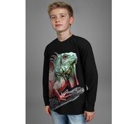 Langarmshirt KIDSWORLD "GECKO, Fotoprint", Jungen, Gr. 128/134, schwarz, Single Jersey, Obermaterial: 100% Baumwolle. Vorderteil: 100% Polyester, bedruckt, Basic, Shirts Langarmshirt, Shirt mit Fotodr