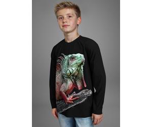 Langarmshirt KIDSWORLD "GECKO, Fotoprint", Jungen, Gr. 176/182, schwarz, Single Jersey, Obermaterial: 100% Baumwolle. Vorderteil: 100% Polyester, bedruckt, Basic, Shirts Langarmshirt, Shirt mit Fotodr