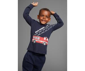 Langarmshirt KIDSWORLD "HIER KOMMT RETTUNG", Jungen, Gr. 116/122, blau (marine), Single Jersey, Obermaterial: 100% Baumwolle, bedruckt, Basic, Rundhals, Shirts Langarmshirt, Langarm, Basic-Passform, p