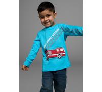 Langarmshirt KIDSWORLD "HIER KOMMT RETTUNG", Jungen, Gr. 116/122, blau (türkis), Single Jersey, Obermaterial: 100% Baumwolle, bedruckt, Basic, Rundhals, Shirts Langarmshirt, Langarm, Basic-Passform, p
