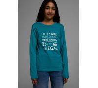 Langarmshirt KIDSWORLD "Ich hab das schon verstanden - es ist mir nur egal", Mädchen, Gr. 176/182, blau (petrol), Single Jersey, Obermaterial: 100% Baumwolle, bedruckt, Basic, Rundhals, Shirts Langarm
