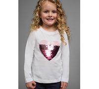Langarmshirt KIDSWORLD "mit Paillettenherz zum Wenden", Mädchen, Gr. 104/110, weiß, Jersey, Obermaterial: 100% Baumwolle, bedruckt, Basic hüftlang, Rundhals, abgesteppte Kante, Shirts Langarmshirt, La