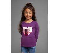 Langarmshirt KIDSWORLD "mit Paillettenherz zum Wenden", Mädchen, Gr. 140/146, lila (dunkel lila), Jersey, Obermaterial: 100% Baumwolle, bedruckt, Basic hüftlang, Rundhals, abgesteppte Kante, Shirts La
