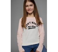 Langarmshirt KIDSWORLD "Mit Sprüche-Druck: Don´t waste my time", Mädchen, Gr. 128/134, weiß (rosa, naturweiß), Single Jersey, Obermaterial: 100% Baumwolle, bedruckt, colorblocking, mehrfarbig, Basic h