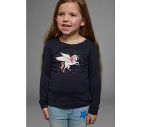 Langarmshirt KIDSWORLD "mit süßem Einhorn Druck", Mädchen, Gr. 104/110, blau (marine), Jersey, Obermaterial: 100% Baumwolle, bedruckt, Basic hüftlang, Rundhals, abgesteppte Kante, Shirts Langarmshirt,