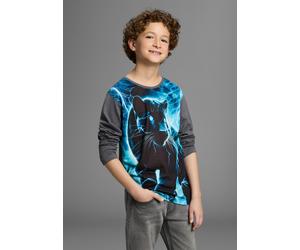 Langarmshirt KIDSWORLD "PANTHER, Fotoprint", Jungen, Gr. 164/170, grau (anthrazit), Single Jersey, Obermaterial: 100% Baumwolle. Vorderteil: 100% Polyester, bedruckt, Basic hüftlang, Rundhals, Shirts