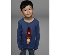Langarmshirt KIDSWORLD "Rakete aus Wendepailletten", Jungen, Gr. 128/134, blau (marine), Single Jersey, Obermaterial: 100% Baumwolle, bedruckt, Basic, Rundhals, Shirts Langarmshirt, langärmelige, Basi