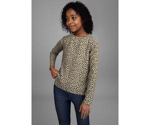 Langarmshirt KIDSWORLD "Shirt in Leo-Optik", Mädchen, Gr. 176/182, beige (gemustert leo), Single Jersey, Obermaterial: 95% Baumwolle, 5% Elasthan, Basic hüftlang, Rundhals, Shirts Langarmshirt, Modisc