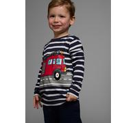 Langarmshirt KIDSWORLD "TATÜ TATA die Feuerwehr ist da", Jungen, Gr. 92/98, blau (marine, weiß, geringelt), Single Jersey, Obermaterial: 50% Baumwolle, 50% Modal, bedruckt, gestreift, Basic, Rundhals,
