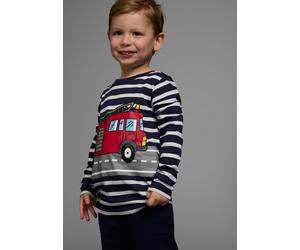 Langarmshirt KIDSWORLD "TATÜ TATA die Feuerwehr ist da", Jungen, Gr. 92/98, blau (marine, weiß, geringelt), Single Jersey, Obermaterial: 50% Baumwolle, 50% Modal, bedruckt, gestreift, Basic, Rundhals,