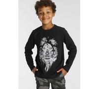 Langarmshirt KIDSWORLD "WHITE LION", Jungen, Gr. 164/170, schwarz, Jersey, Obermaterial: 100% Baumwolle, bedruckt, Basic, Rundhals, Shirts Langarmshirt, Langarm, Basic-Passform, mit modischem Druck, R